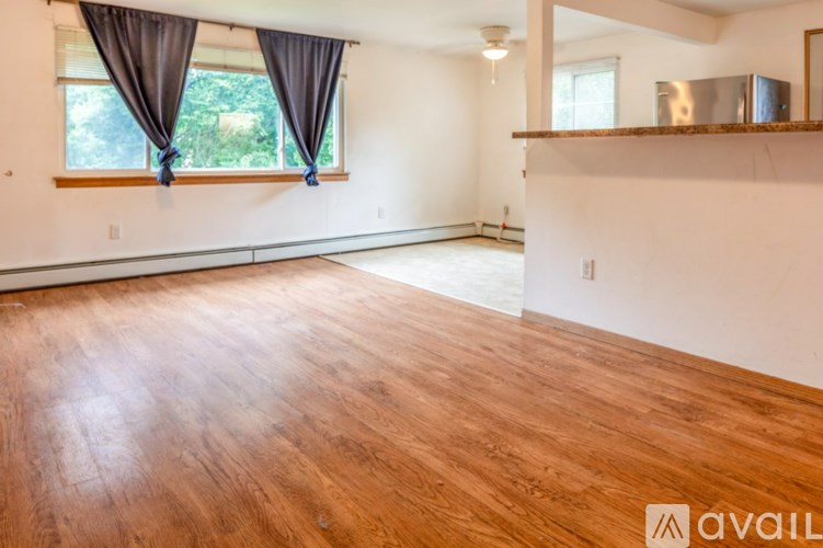 A room with wooden flooring and a window with curtains.