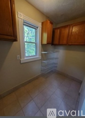A kitchen with wooden cabinets and a window.