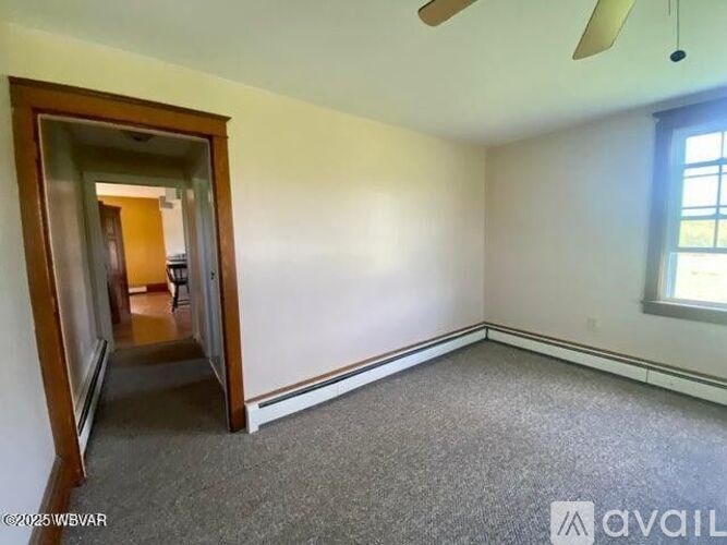 A room with a carpeted floor, a ceiling fan, and a window with a view of the sky.