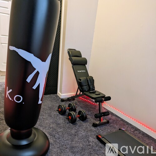 A black and white exercise machine with the letters "k.o." on it is in a room with a red light strip on the floor.