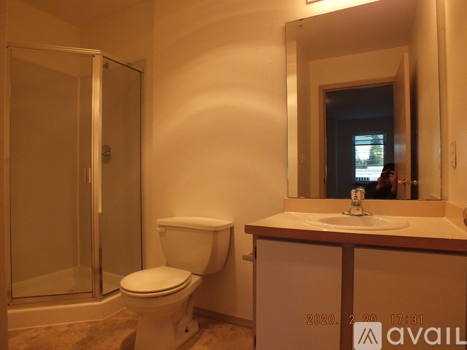 A bathroom with a toilet, sink, mirror and shower.