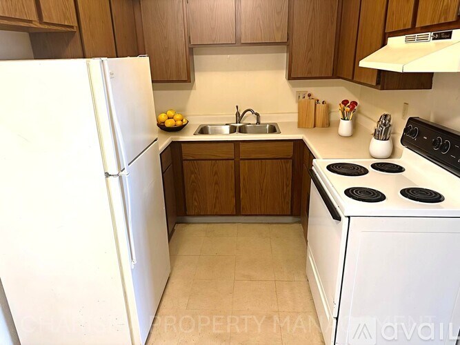 A kitchen with a white refrigerator, white stove, and wooden cabinets.