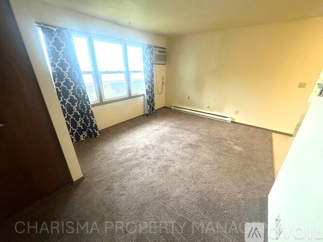 A room with a carpeted floor, a window with curtains, and a door.
