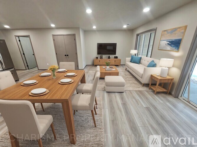 A modern dining room with a wooden table set for six.