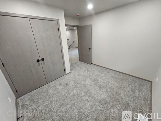 A room with grey carpet and two doors.