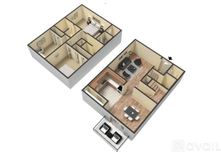 A 3D image of two different layouts of a room with furniture.
