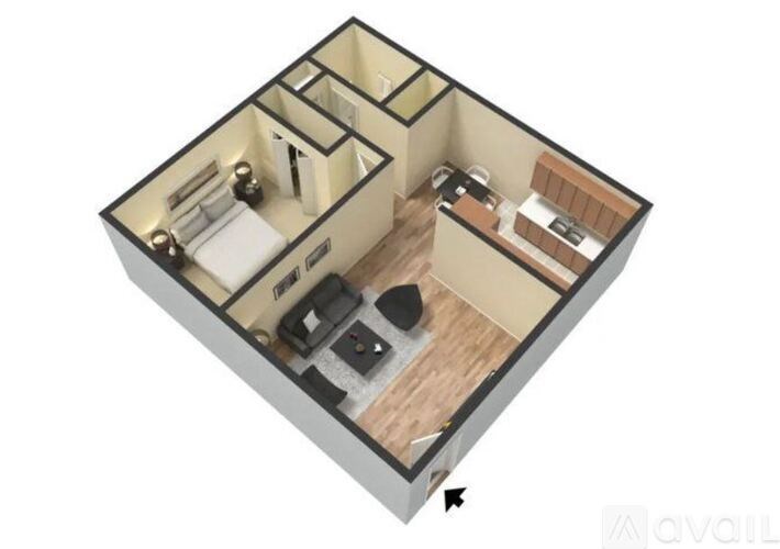 A 3D image of a small room with a bed, desk, and toilet.