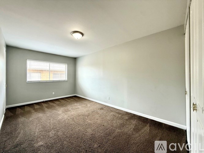 A room with a carpeted floor and a window with blinds.