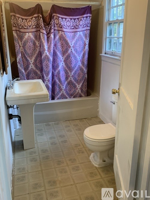 A small bathroom with a toilet, sink and shower curtain.