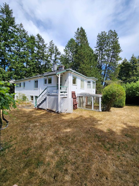 A house with a white exterior and a red door is surrounded by trees.