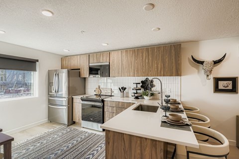 A modern kitchen with a long white counter and a cow skull on the wall.