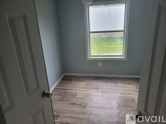 A room with a door and a window showing a grassy area outside.