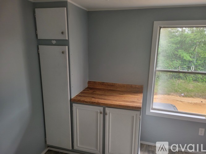 A room with a window showing greenery outside and a wooden shelf.