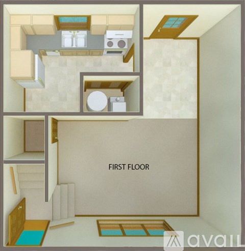 A 3D floor plan of a small apartment with a kitchen, bathroom, and living room.