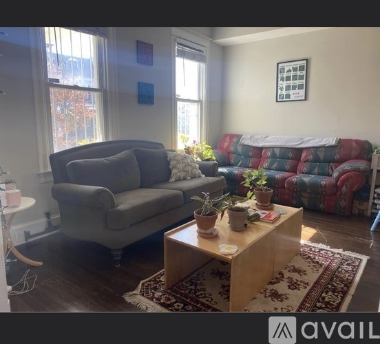 A living room with a grey couch, a wooden coffee table, and a rug.