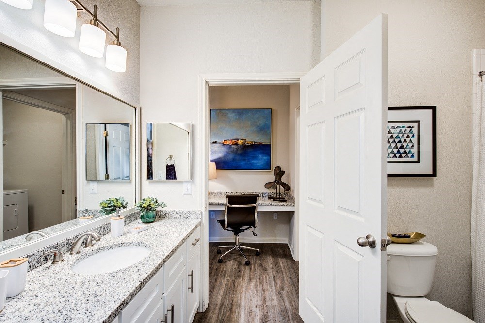 a bathroom with a desk and a toilet and a mirror