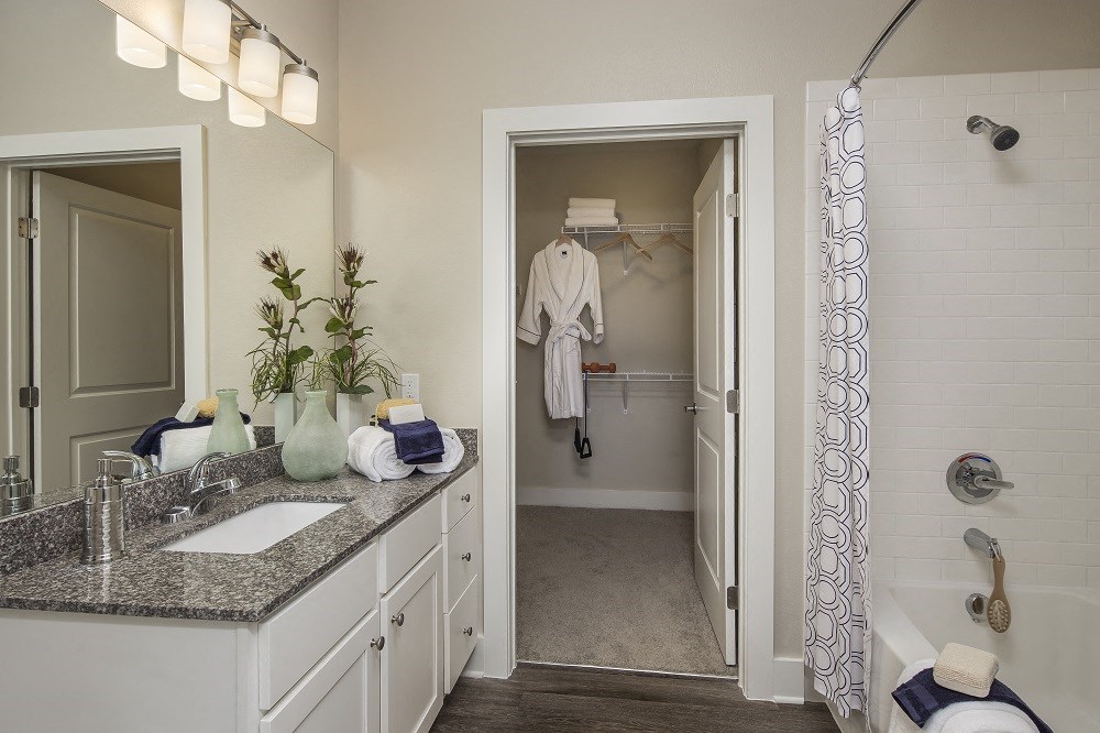 a bathroom with a shower and a sink and a mirror