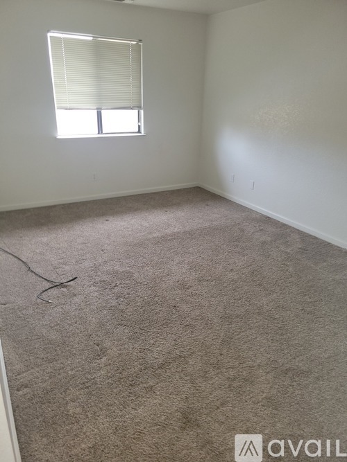 A room with a carpeted floor and a window with blinds.