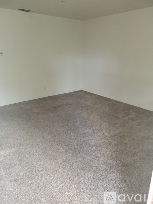 A room with a grey carpet and white walls.