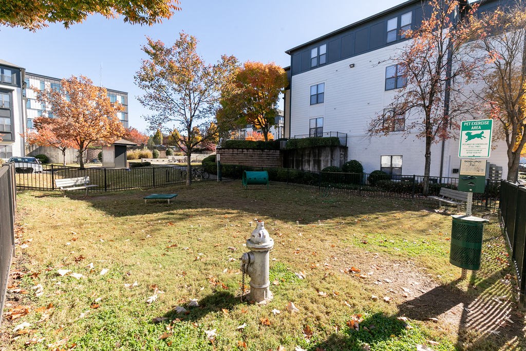 a yard with a fire hydrant in front of a building