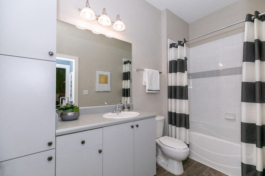 a white bathroom with a black and white striped shower curtain