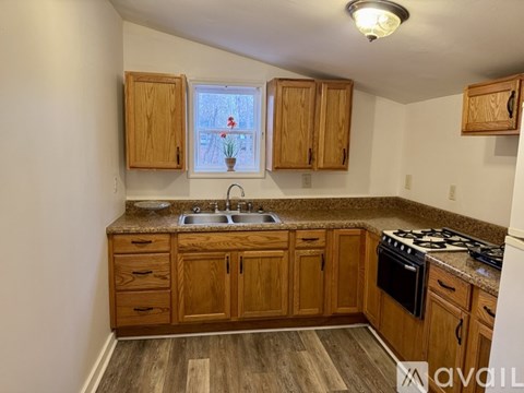 A kitchen with wooden cabinets and a granite countertop.
