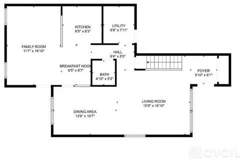 A floor plan of a house with a living room, dining area, kitchen, and bathroom.