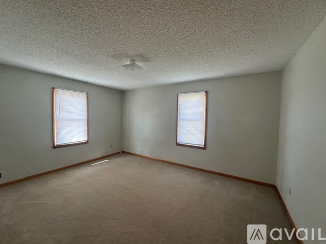 A room with two windows and a carpeted floor.