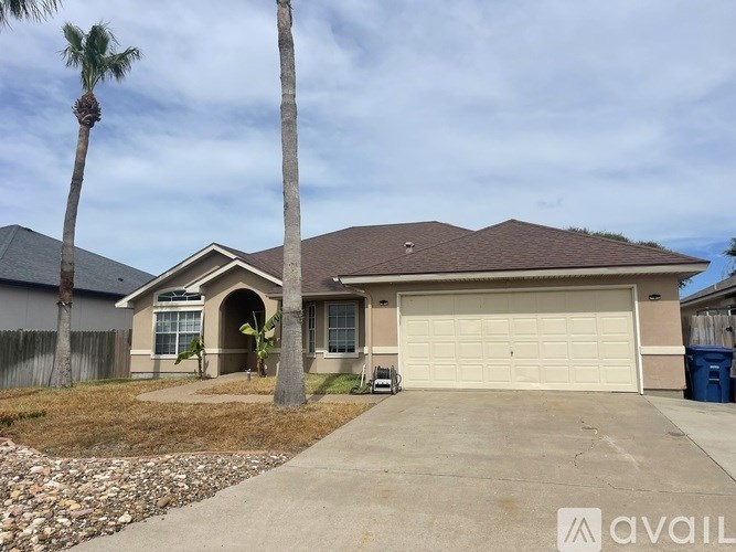 A house with a driveway and a palm tree in front.