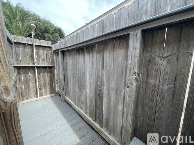 A wooden deck with a fence and a palm tree in the background.