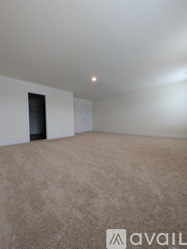A room with beige carpet and white walls, with a door on the left and a light on the ceiling.