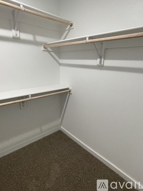 Empty shelves in a room with carpeted floor.