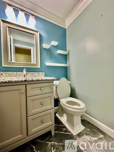 A white toilet sits in a bathroom with a blue wall.