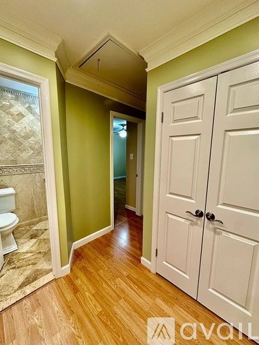 A hallway with a green wall and a white door.