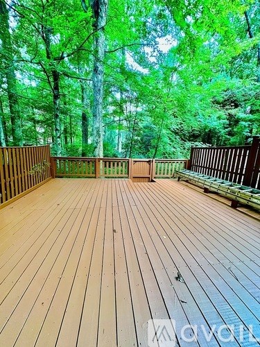 A wooden deck surrounded by trees.