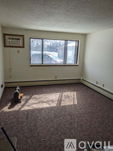 A room with a carpeted floor and a window.