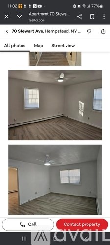 Two images of an empty apartment with wooden floors and white walls.