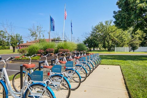 a row of blue bikes parked on the sidewalk