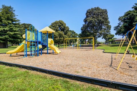 a playground with a blue and yellow swing set