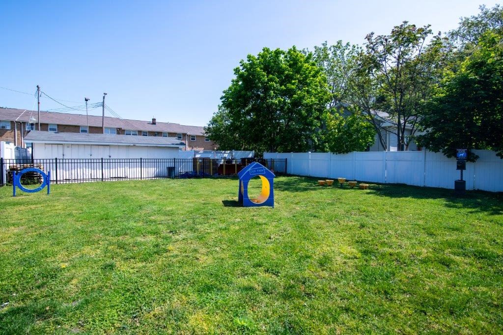 a yard with a playground and a blue and yellow tent
