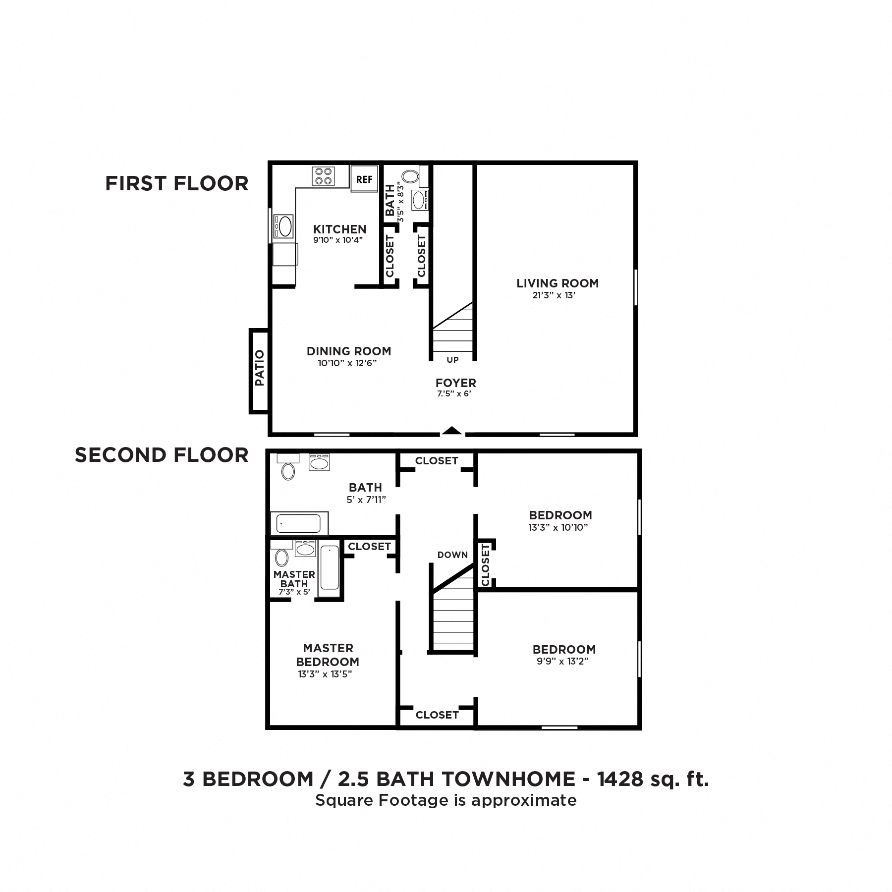 Three Bedroom 2.5 Bath Townhome - 1,428 sqft