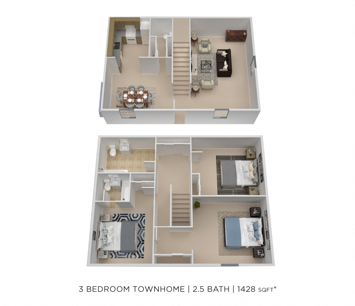 Three Bedroom 2.5 Bath Townhome - 1,428 sqft