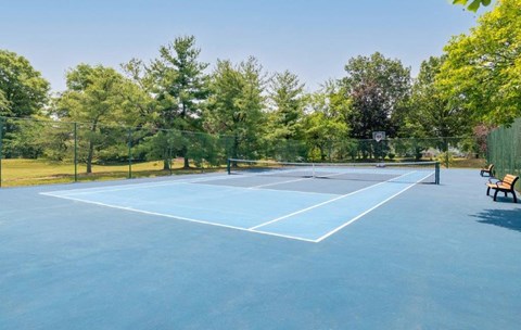 a tennis court with benches on a blue court