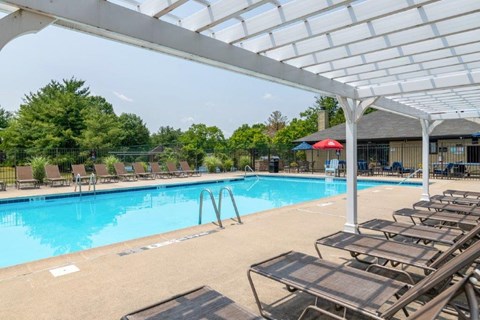 a swimming pool with lounge chairs under a white canopy