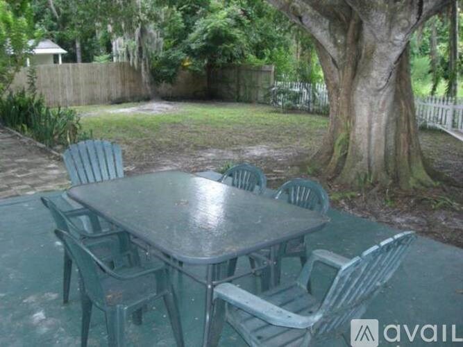 A table and chairs set outside in a backyard.