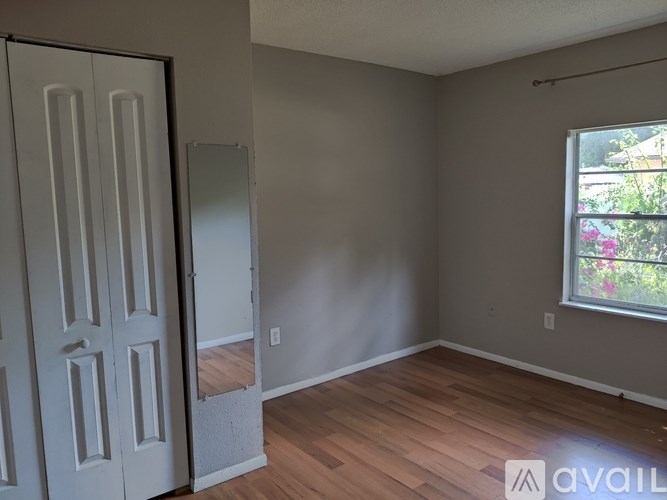 A room with a wooden floor and a window with a view of a garden outside.