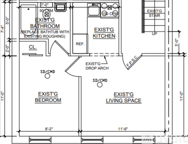 A floor plan of an existing living space with a bathroom, kitchen, and bedroom.