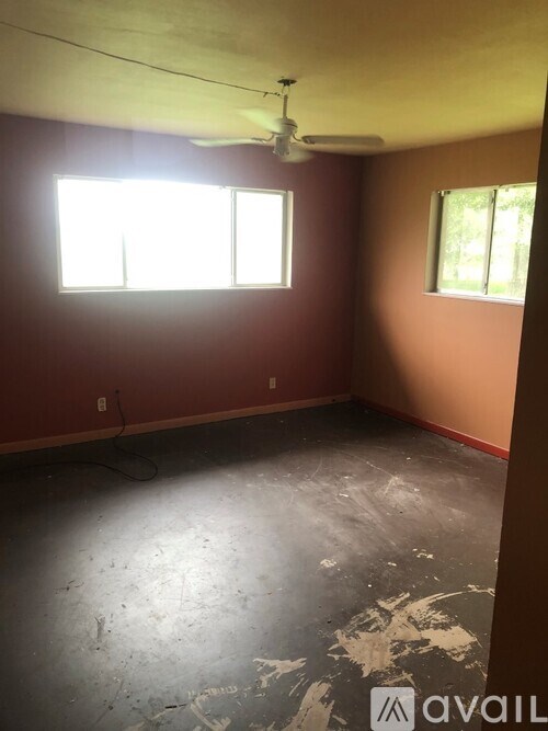 A room with a ceiling fan and two windows.