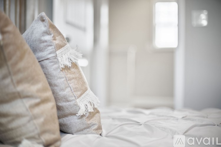 Two pillows with fringes on a bed in a bright room.