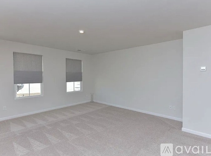 A spacious room with a carpeted floor and two windows.